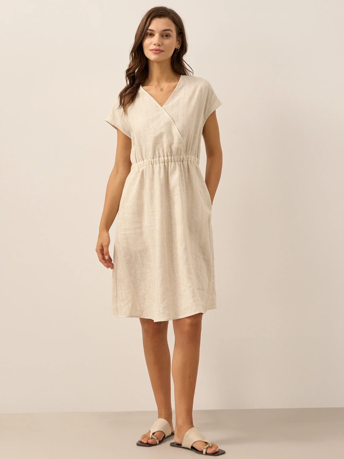 100% Linen Striped Elastic-Waist Midi Dress ARIA