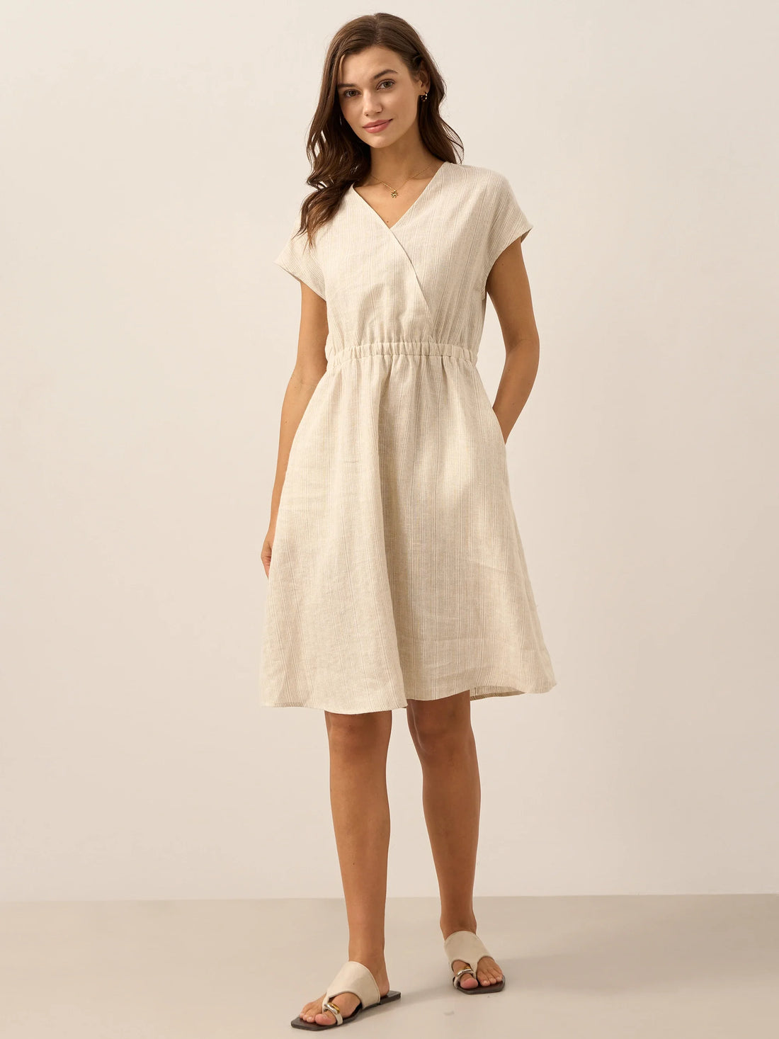 100% Linen Striped Elastic-Waist Midi Dress ARIA
