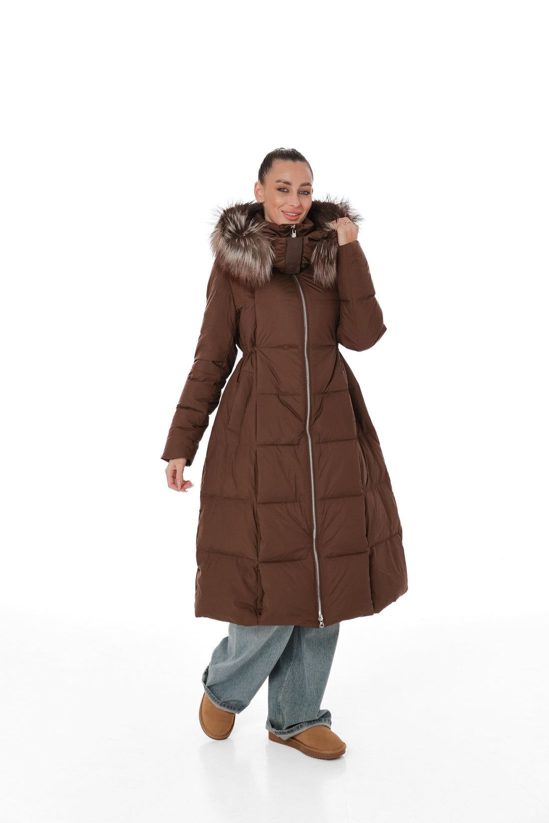 Genuine Silver Fox Fur Trim Down Coat