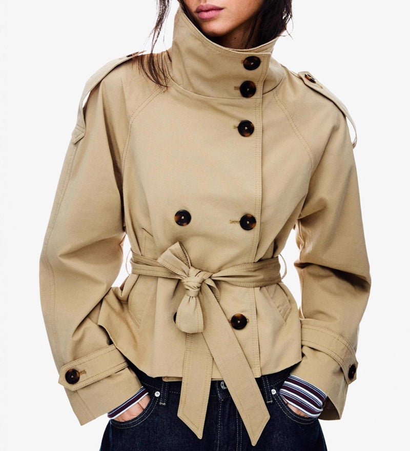 Women's Buttoned Waist-Cinching Lace-Up Trench Coat