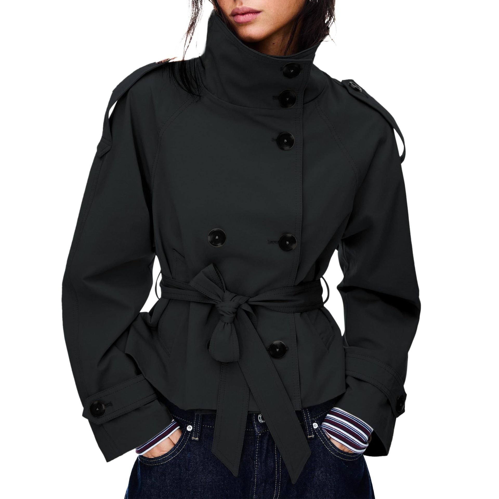Women's Buttoned Waist-Cinching Lace-Up Trench Coat