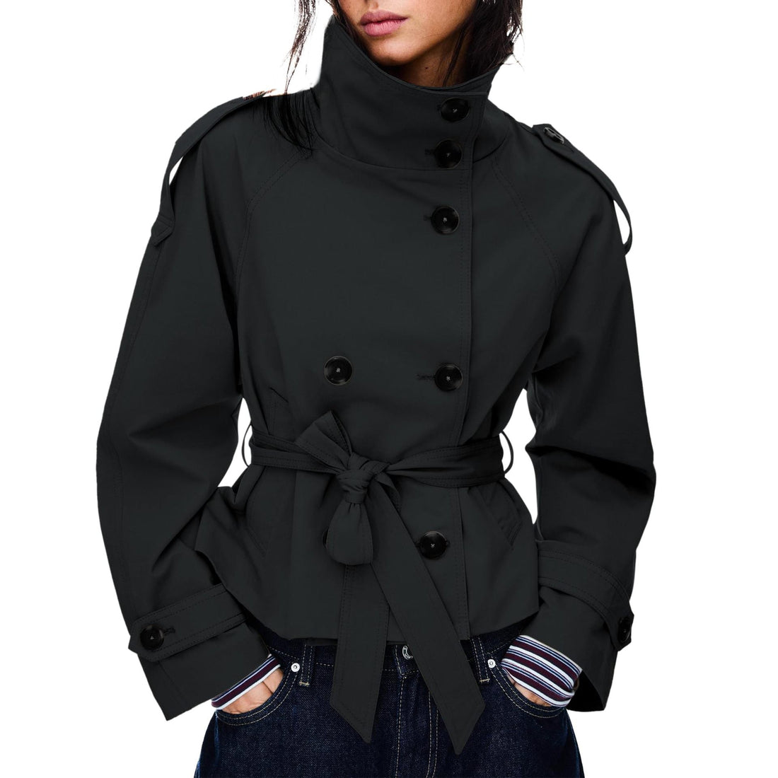 Women's Buttoned Waist-Cinching Lace-Up Trench Coat