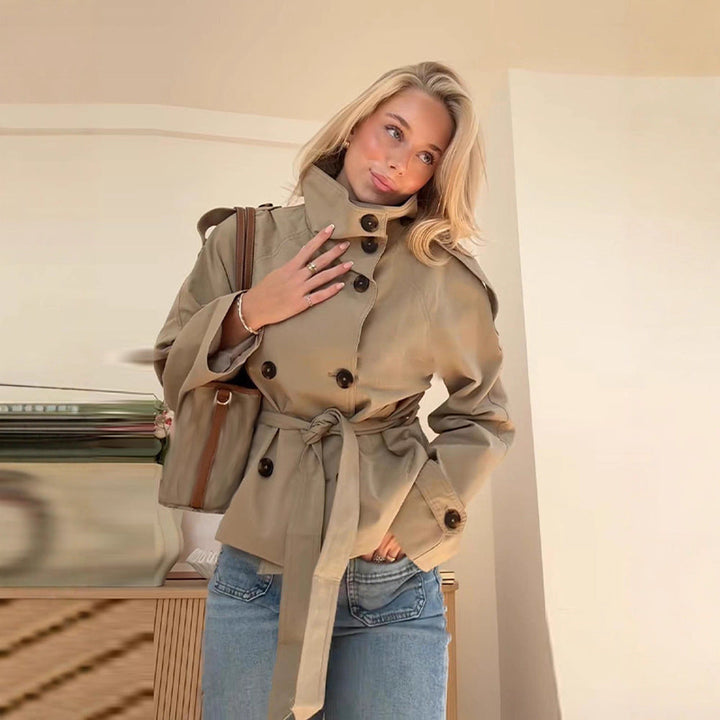 Women's Buttoned Waist-Cinching Lace-Up Trench Coat