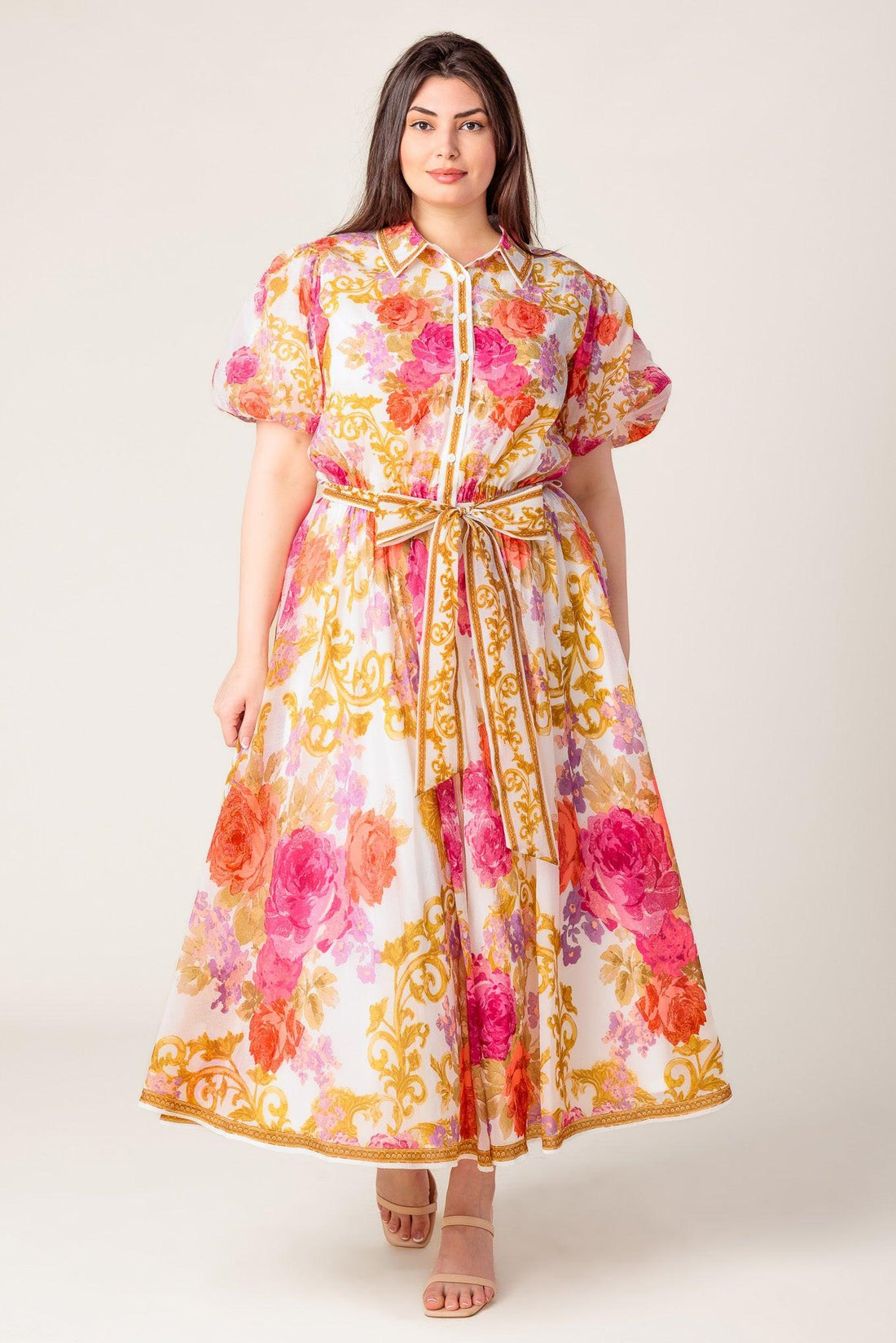 GARDEN TAPESTRY IVORY FLORAL WOVEN MIDI DRESS