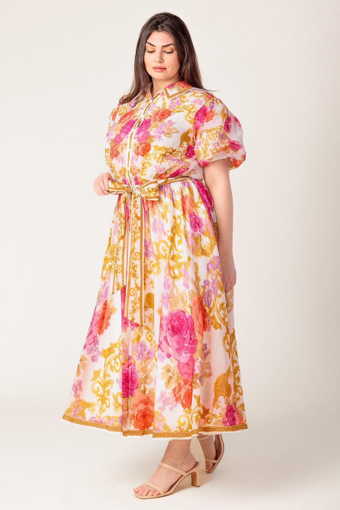 GARDEN TAPESTRY IVORY FLORAL WOVEN MIDI DRESS