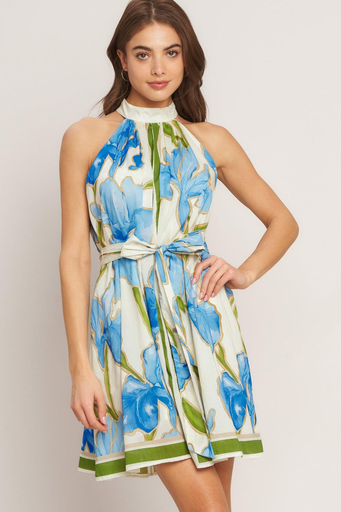 AZURE BLOOM HALTER WOVEN MINI DRESS