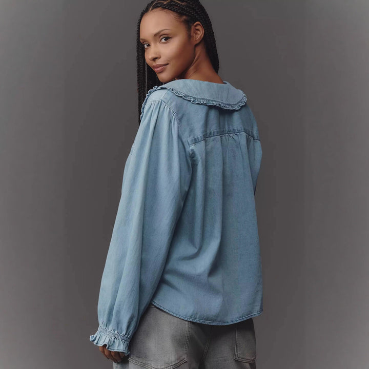 Women Spring Autumn Casual Retro Lightweight Denim Long Sleeved Shirt