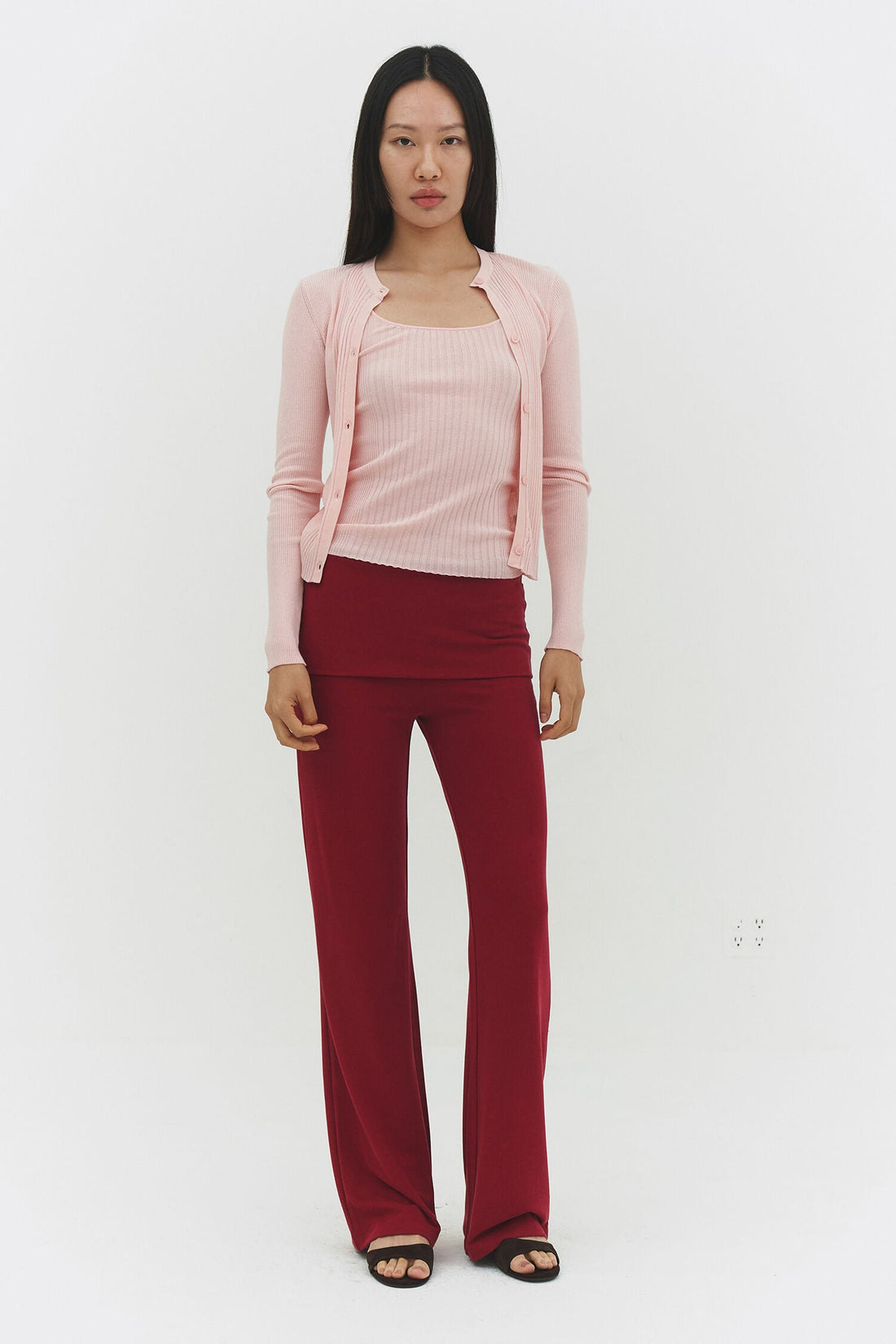 RIBBED KNIT CARDIGAN IN POWDER PINK