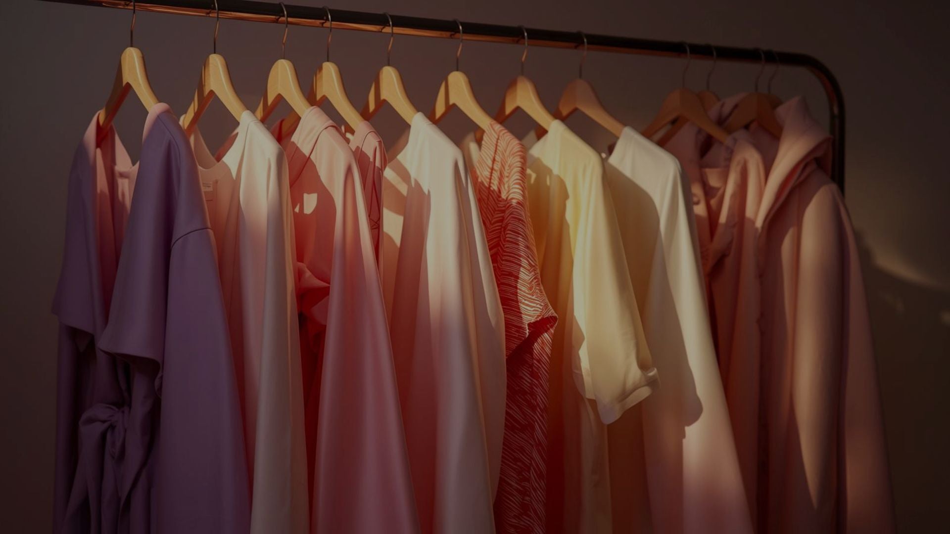 Collection of colorful shirts on hangers against a dark background