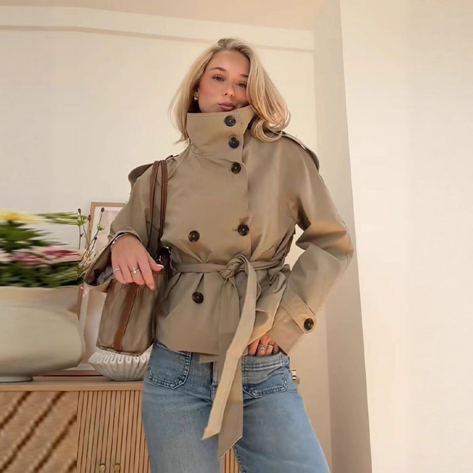 Women's Buttoned Waist-Cinching Lace-Up Trench Coat