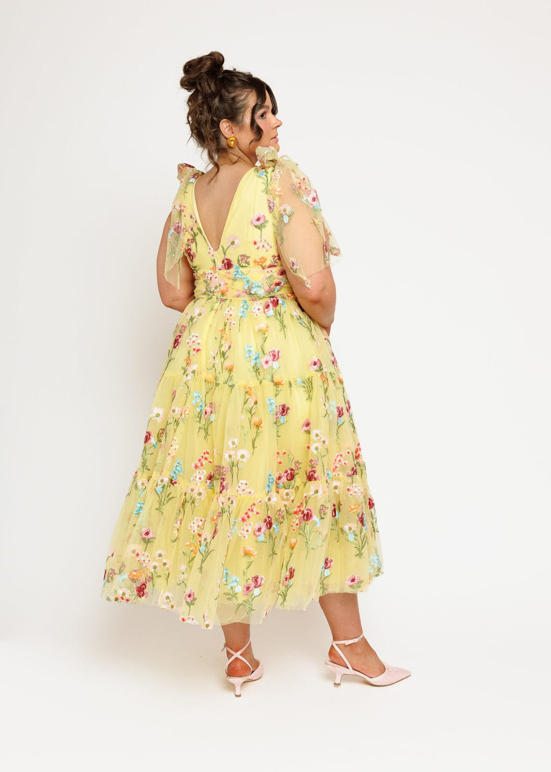 Margaret Floral Embroidered Midi Dress Yellow