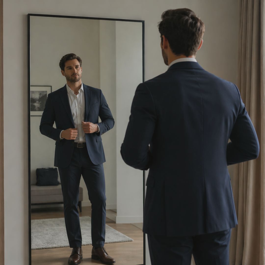 Man adjusting his suit in front of a mirror