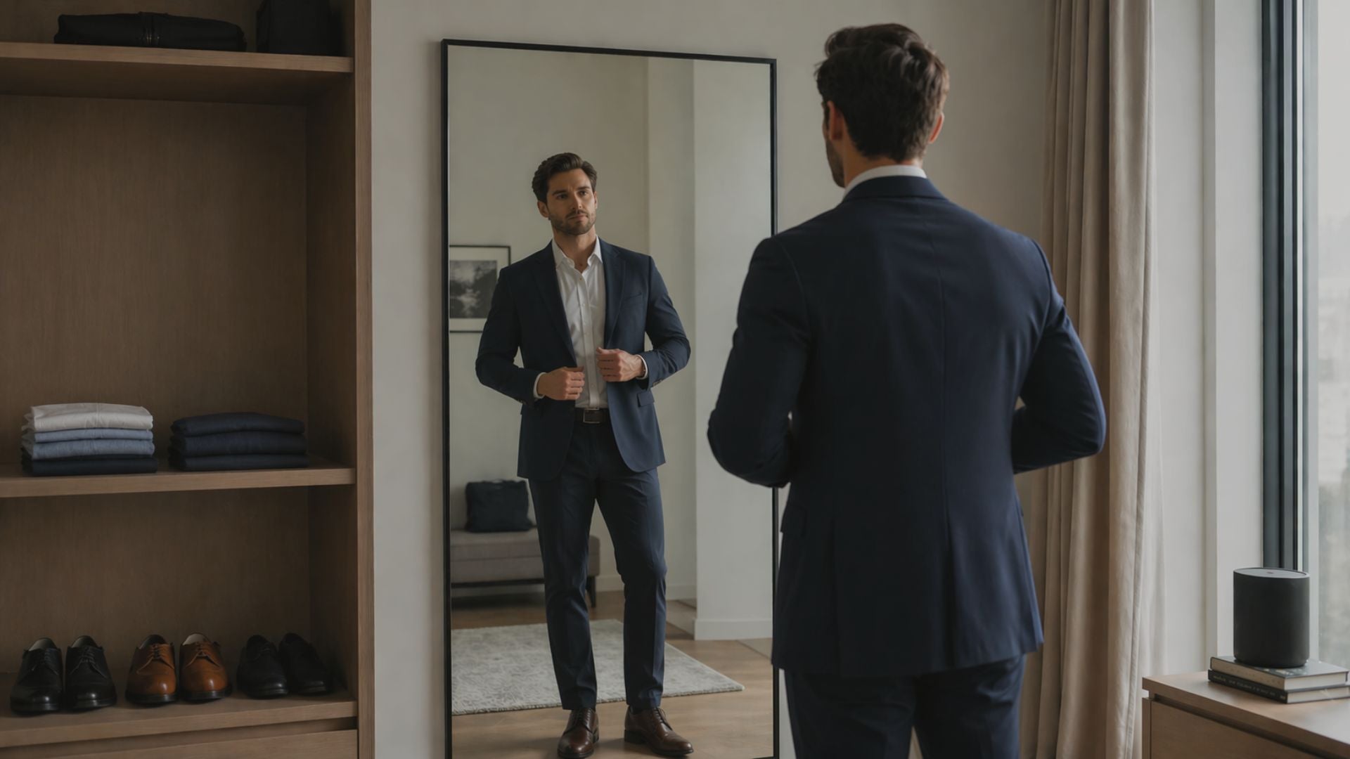 Man adjusting his suit in front of a mirror in a room with shelves and shoes.