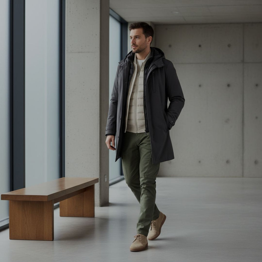 Man walking in a modern indoor setting wearing a dark coat and green pants.