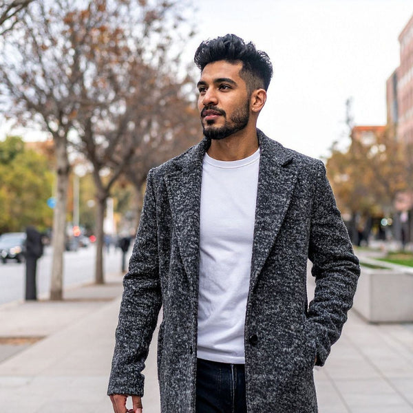 Man wearing a gray coat and white shirt standing on a city street.