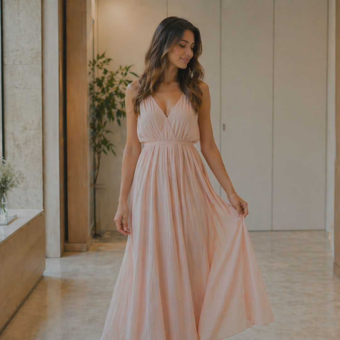 Woman wearing a pink dress in an indoor setting