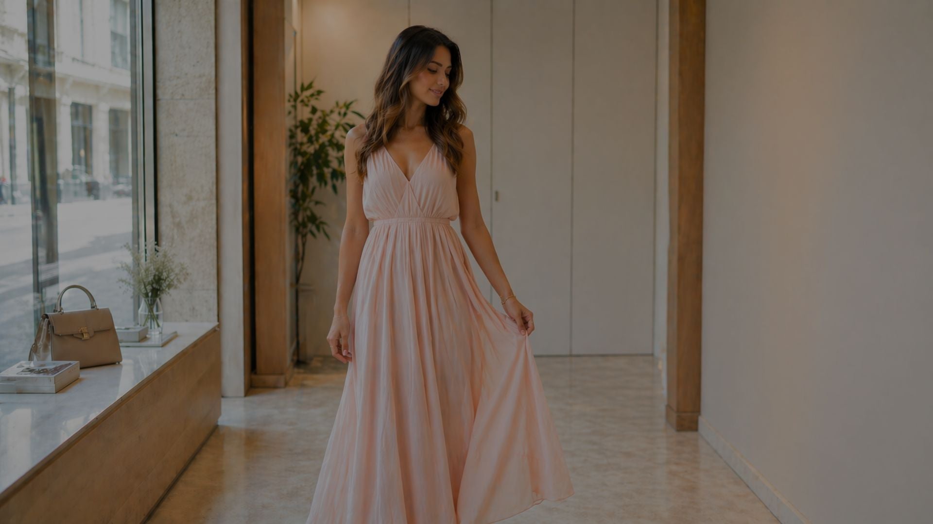 Woman in a pink dress standing in a modern interior setting