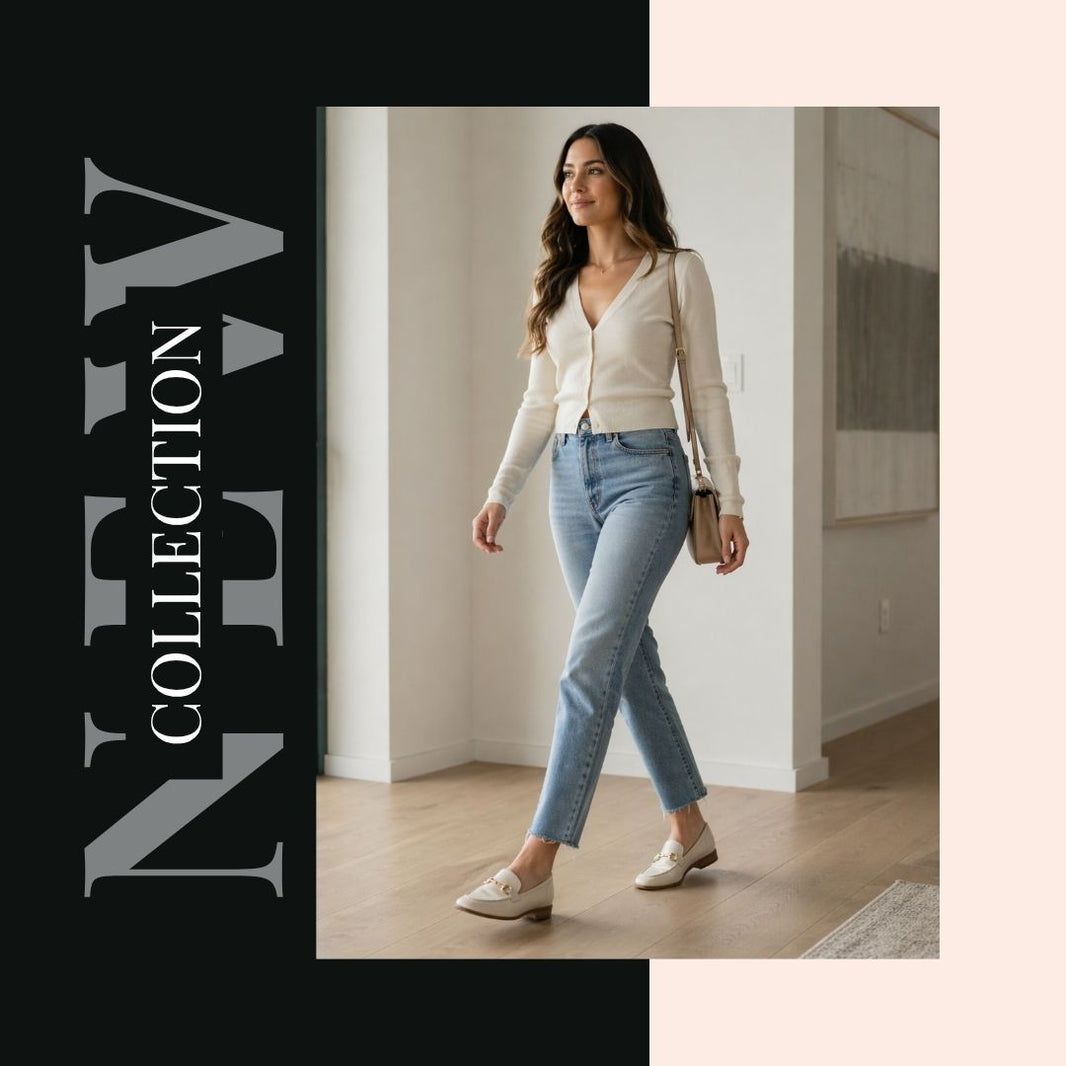 Woman in a white top and blue jeans walking in a room with 'New Collection' text on the left.